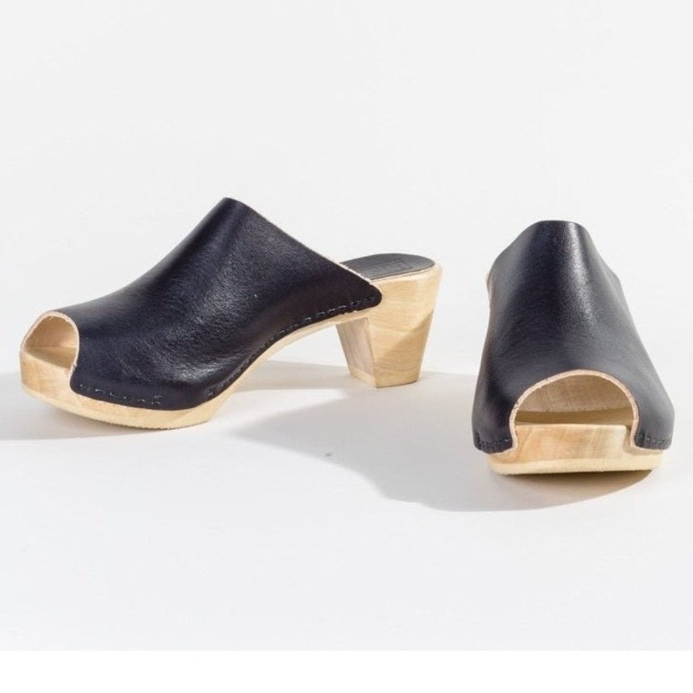 Bosabo Rosko Navy Leather Open Toe Wood Clog Mule Platform Sandals Size 9